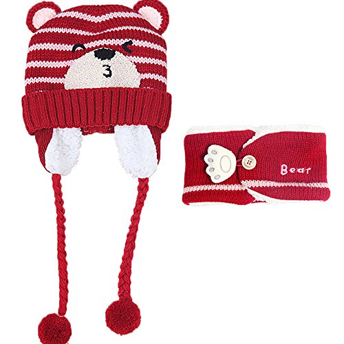 Gbell Baby Boy Girl Earflaps Beanies Hats and Scarf Set for Toddler Girls Boys, Kids Cute Bear Print Winter Warm Soft Crochet Hats Knit Caps with Ear Flaps & Scarf Gifts