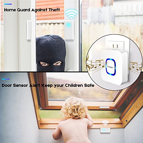 Coolqiya Door Sensor Alarm Wireless Busniess Entry Alert System for Home Security, Operating Range 400FT With 52 Chimes 4 Volume Levels, 1 Door Sensor + 1 Plugin Receiver