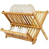 Bamboo Folding Dish Rack, Natural Bamboo [100% Organic] 2-Tier Collapsible Dish Drying Rack; Kitchen Utensil Holder; Wooden Dish Drainer for Dish/ Plate/ Bowl/ Cup/ Pot Lid