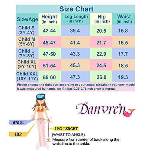 Danvren 3Pcs Mermaid Tails for Girls Swimming Swimsuit Party Supplies Costume Swimwear Bikini for 3-12Y (Colored Pudding Design, Child XL Height 51-54in (8-10Y))