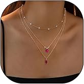 GIGB PBDK Dainty Silver Layered Choker Pendant Necklace for Women, Red Crystal Pendant Necklace Rhinestone Adjustable Choker Necklaces for Women