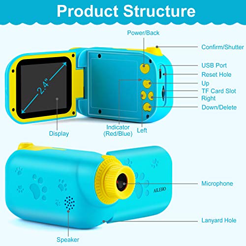AILEHO Kids Camera for Boys Digital Video Camera for Kids Birthday Children Toys 3 4 5 6 7 8 9 Years Old Toddler Camera 8M 1080P with 8GB Card Game Camera Rechargeable IPS 2.4\
