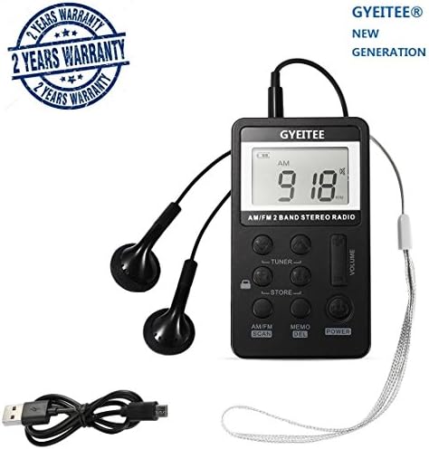 AM/FM Pocket Radio with Super Reception, Gyeitee Portable Digital Stereo Radio with Earphones (Black)