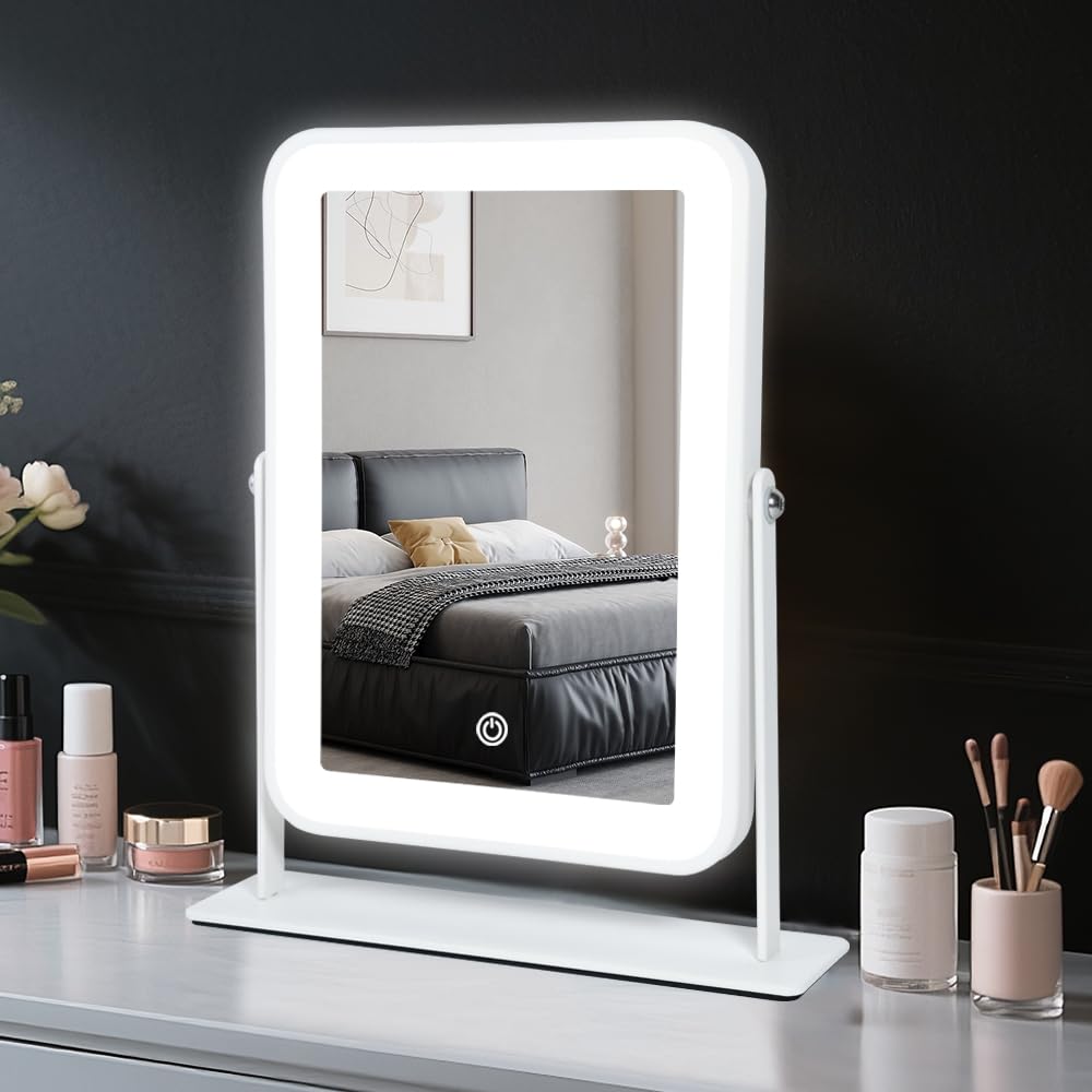 Photo 1 of YEKKOPT Rechargeable Small Vanity Mirror with Lights,9"x11"Portable LED Desk Mirror, Make up Mirror with Lighting,Touch Screen with 3-Color Lighting, Dimmable, for Shaving, Tabletop, Bedroom