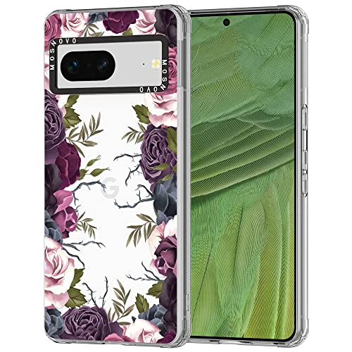 MOSNOVO Case for Google Pixel 7, [Buffertech 6.6ft Military-Grade Drop Protection] [Anti Peel Off Tech] Clear TPU Bumper Phone Case Cover Design - Black Purple Flower