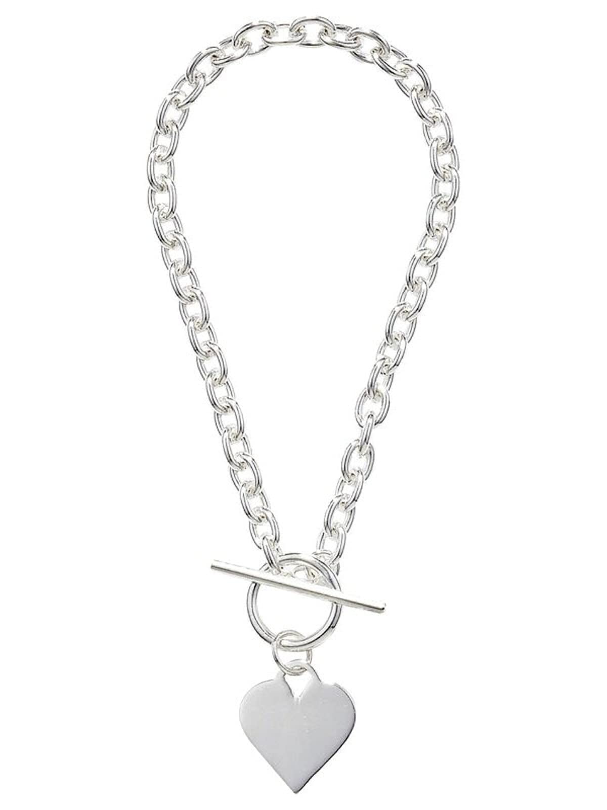 7.5 Inch Heart Charm Tag Sterling Silver Bracelet with Toggle Clasp for Women/Teenager/Girls - Chunky Belcher Link Bracelet with Heart Tag - 7.5" Inch/19cm - Engravable
