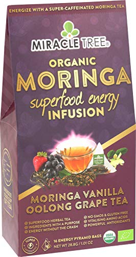 Miracle Tree's Energizing Moringa Infusion - Vanilla Oolong Grape | Super Caffeinated Blend | Healthy Coffee Alternative, Perfect for Focus | Organic Certified & Non-GMO | 16 Pyramid Sachets
