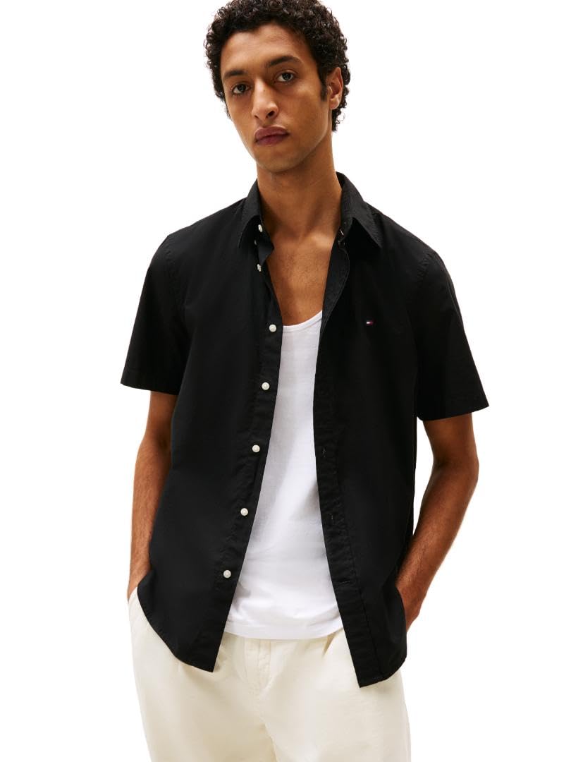 Tommy Hilfiger Men’s Flex Poplin Regular Short Sleeve Shirts, Black Large