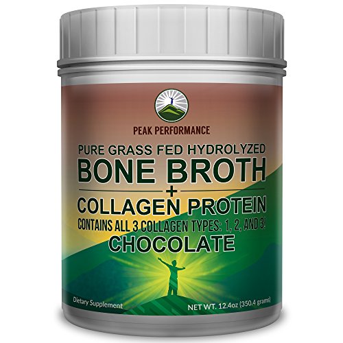 Chocolate Hydrolyzed Bone Broth Collagen Protein Peptides Powder by Peak Performance. Contains All 3 Collagen Types 1, 2, 3. Pure Pasture Raised Grass Fed, Paleo Friendly, Gluten and Dairy Free
