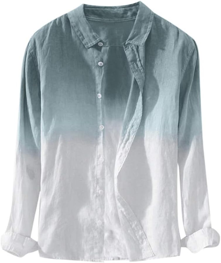 Viewk Summer Mens Cool Thin Breathable Lapel Collar Hanging Dyed Gradient Cotton Shirt