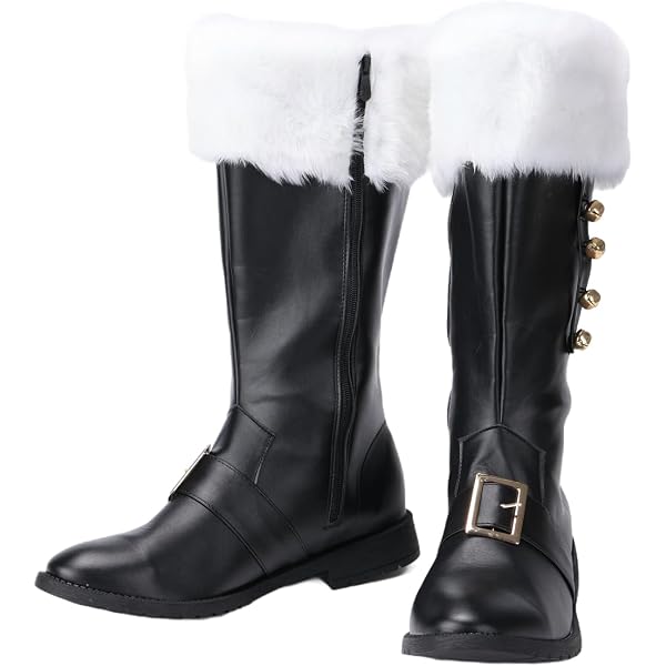 Bottes De Père Noël Homme - Poignets En Peluche Blanche - Sangles à Boucle - Confortables Pour Hiver Et Fêtes - 9