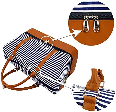 Weekender Bag Carry on Overnight Duffel for Women, Carrying Weedkend Travel Bags for Ladies, Large Canvas& PU Leather with Shoe Compartment Duffel (Blue Strips) 2 Weekender Bag Carry on Overnight Duffel for Women, Carrying Weedkend Travel Bags for Ladies, Large Canvas& PU Leather with Shoe Compartment Duffel (Blue Strips)