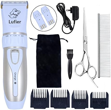 Lufier Cat Dog Hair Trimmer, Low Noise Rechargeable Cordless Electric Cat Dog Clippers, Pet Dog Shaver for Small Dogs with Combs Guides, Scissor (Gold White)