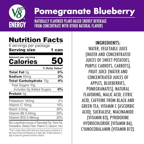 V8 +ENERGY POMEGRANATE BLUEBERRY JUICE ENERGY DRINK, 8 FL OZ CAN (6 PACK)