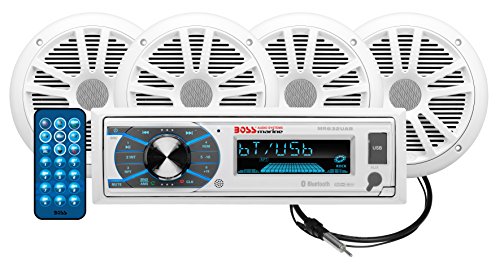 BOSS Audio MCK632WB.64 Receiver/Speaker Package, Bluetooth, MP3/USB/SD AM/FM Marine Stereo, Wireless Remote (No CD/DVD), Four 6.5 Inch Speakers, Antenna, Auxiliary Cable