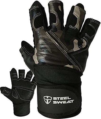 Steel Sweat Weightlifting Gloves with 18-inch Wrist Wrap Support for Workout, Gym and Fitness Training - Best for Men and Women Who Love Weight Lifting - Leather ZED Camo