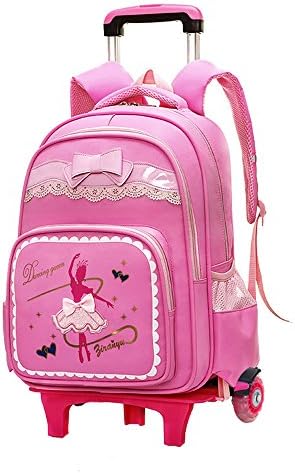 Bow-knot Dancing Girl Waterproof Elementary Trolley Rolling School Backpack Book Bag for Primary Girls Wheeled Backpack Carry On Luggage with Two Wheels