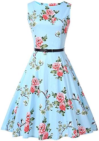 Womens 50s Vintage Sleeveless Floral Print Tea Party Dress with Belt, D109