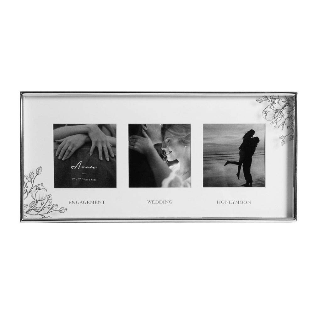 Amore Silver Plated Foil Floral Detail Triple Engaged Wedding Honeymoon Photo Frame