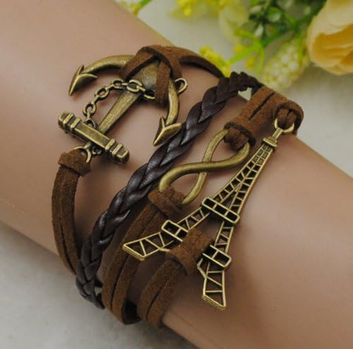 Anchor Eiffel Tower Infinity Antique Bronze korea velvet Friendship PU Leather Cute Charm Bracelet B763