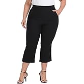 HAPPIERE Plus Size Pull On Capri Pants for Women Elastic Waist Work Casual Dress Cropped Pants with Pockets & Cuff