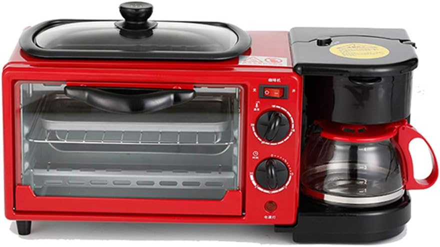 Elite Cuisine 3-in-1 Multifunction Breakfast Center W/Retro Toaster Oven, Fry Pan & Coffee Maker, Red