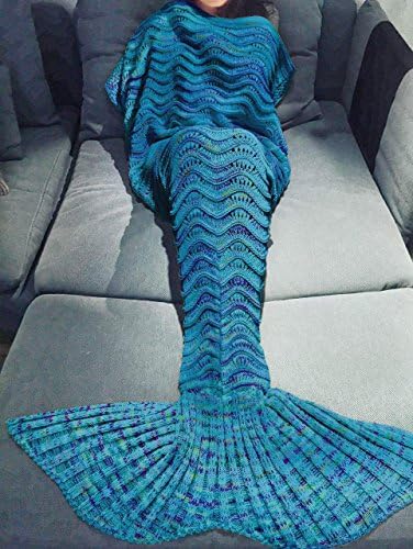 Whoishe Cozy Knitted Crocheted Adult Mermaid Tail Blanket with Wave Pattern Couch Blanket Home Decoration Birthday Saint Valentine's Day Gift ( Color Royal Blue)