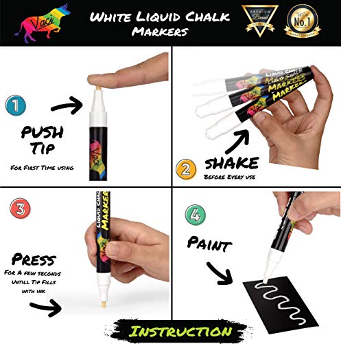 White Chalk Markers by Vaci, Pack of 5 White Markers Drawing Stencils + 16 Labels, Premium Liquid Chalkboard Neon Pens, Professional White Ink Tips