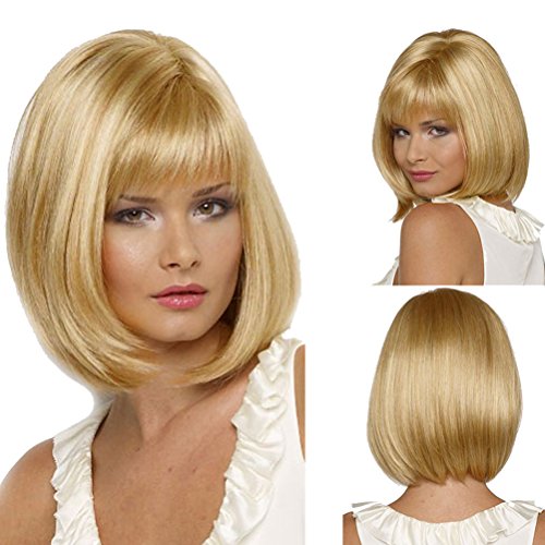 Rise World 13 " 32 cm Women's Short Straight Flat Bang Full Hair Wig Blonde