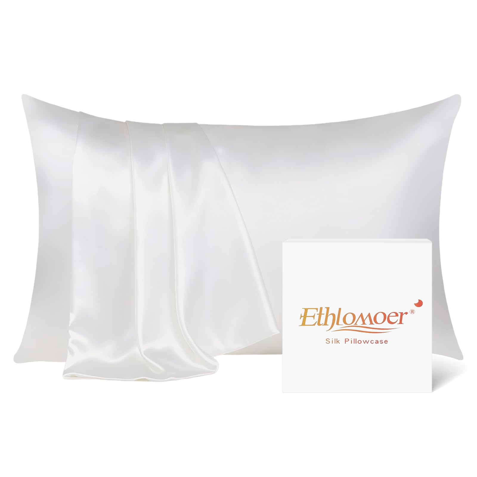 Ethlomoer Natural Pure Silk Pillowcase for Hair and Skin, Both Side 19mm, Hypoallergenic, 600 Thread Count, Smooth Silk Pillow case with Hidden Zipper, Gifts for Women Men, 50x75 cm (Ivory)