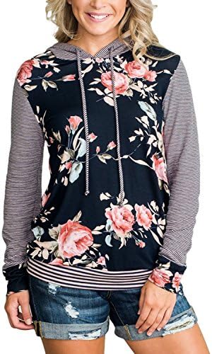 Leindr Womens Tunics Loose Fit Pullover Active Top Long Sleeve Floral Print Drawstring Hooded Sweatshirt Hoodies for Women Plus Size Navy S 4 6