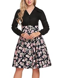Vestido informal de fiesta floral hinchada de manga larga vintage de ACEVOG para mujer