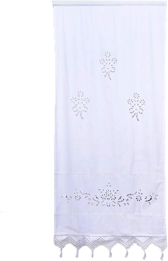Molaxhome Simple White Cotton Curtain Crochet Lace Hollow Flower with Tassel fit to Small Bathroom Window (27 x 59 inch, White)