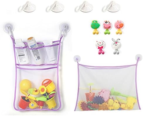 Alasida Bath Toy Organizer Set, 2 Mesh Bath Toy Storage Bag, 4 Strong Suction Cups Hook, 5 Cartoon Animal Toothbrush Holders