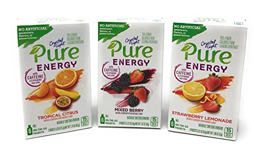 Crystal Light Pure Energy 3 Pack Variety NEW 2017 Flavors of Tropical Citrus, Mixed Berry, and Strawberry Lemonade