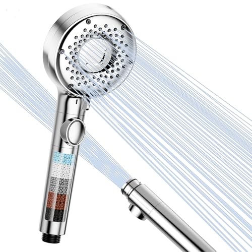 Luxear High Pressure Shower Head with Filter 5+1 Spray Modes | Water Saver with Nano Bubble Technology Shower Head with Stop Button - Universal (Silver)