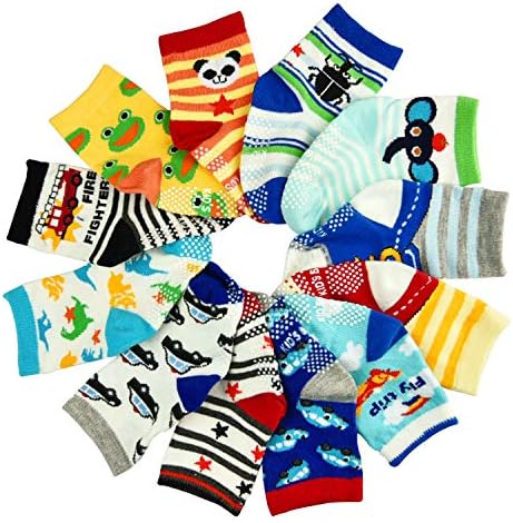 Toddler Socks Baby Boy Infants Socks 12 Pairs Non Skid Slipper Kid Socks with Grips for 0-1/1-3/3-5/5-7 Years Old Children