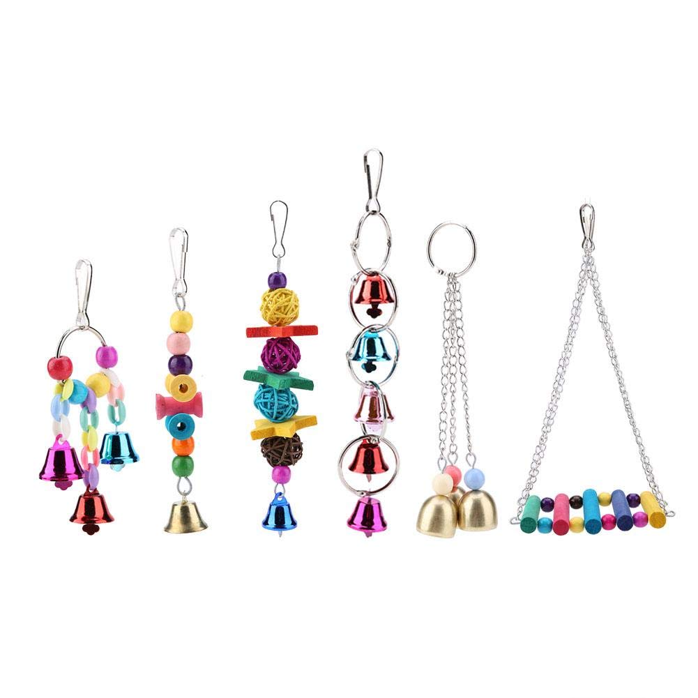 6pcs/Set Parrot Swing Toy Colorful Wooden & Metal Pet Bird Swing Toy Bells Parrot Cage Hanging Swing Toys