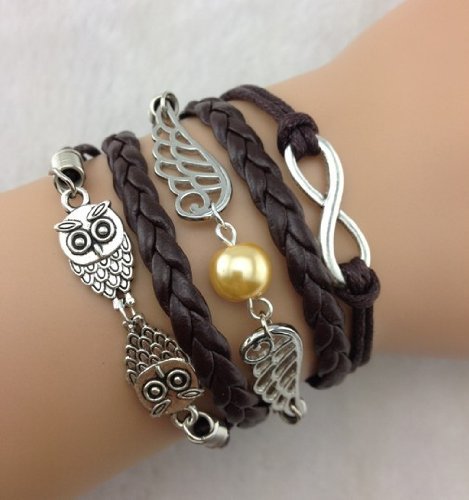 Brown Bracelet Owl Angel Wings Pearl Infinity Friendship Braided Rope Faux Leather Silver Tone Steampunk Adjustable Vintage Style Wish