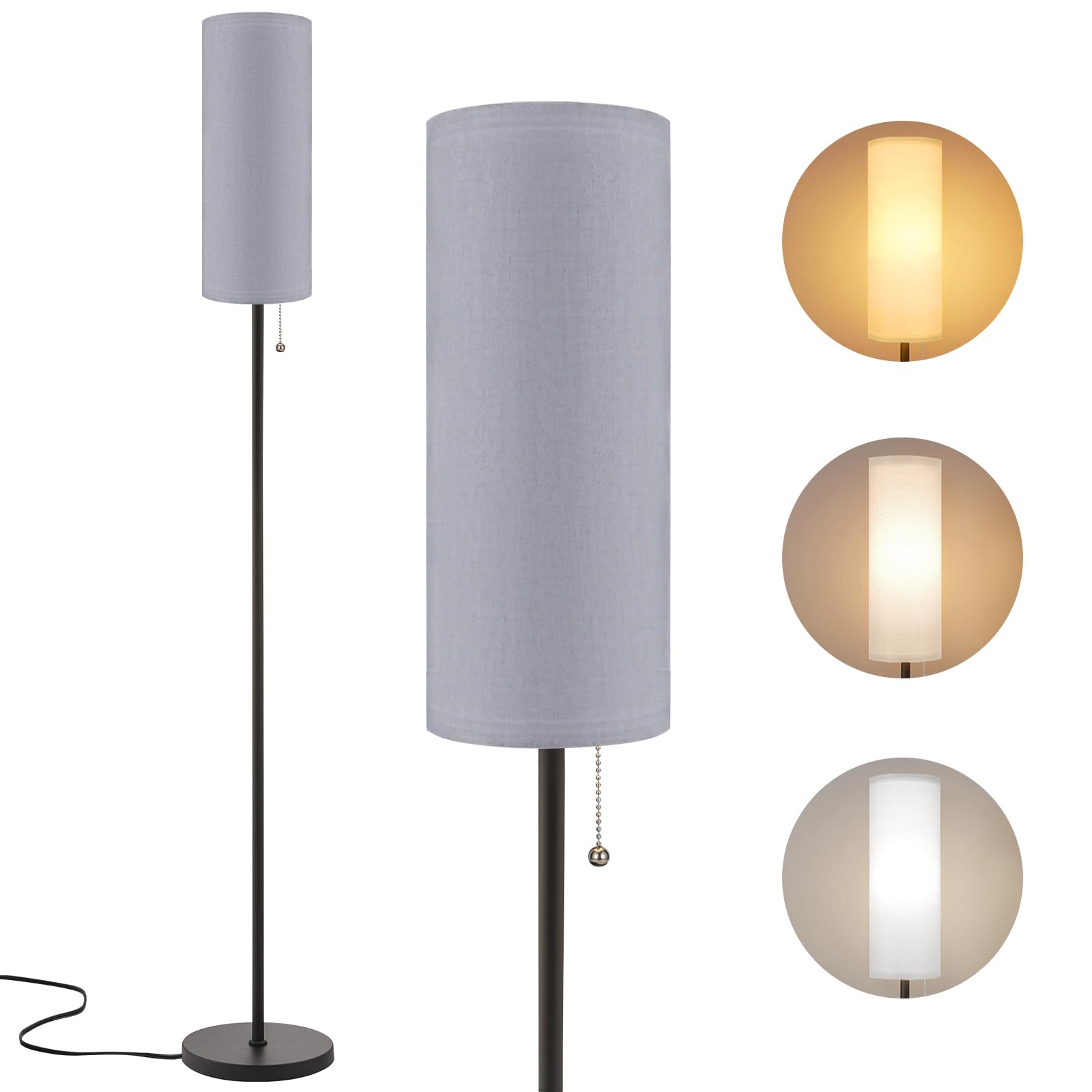 Aooshine Grey Floor Lamp for Living Room, Floor Lamps for Bedrooms with 3 Color Temperatures Bulb, 64" Standing lamp for Bedroom, Minimalist Pole Lamp, Grey Shade & Black Pole(Bulb Included)