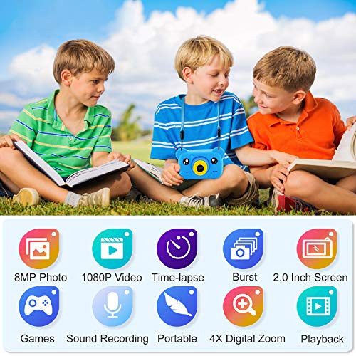 AILEHO Kids Camera for Boy Blue Bear Cartoon Birthday Children Toy Toddler Camera 3-10 Year Old Starter Kids Digital Camera 8M 1080P with 8G Card Kids Game Camera IPS 2.0\