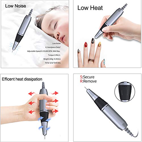 Professional Electric Nail Drill Machine 32W 35000RPM E-file Electric Nail File Grinder Polisher Kit Manicure Pedicure Drill for Acrylic Nail Tools for Gel Nails 100-110V - Thumbnail 3