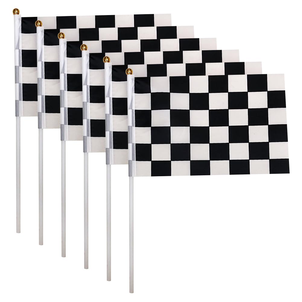 HugeDE 30 Pcs Checkered Black and White Flags Hand Held Race Car Flags Handheld Stick Flags Small Decorative Racing Flags with Plastic Sticks