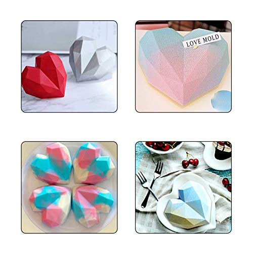 Diamond Heart Cake Mold Silicone Bakeware, Love Shaped Chocolate Molds, 2 Pieces Wooden Hammers, Non-Sticky Dessert Cookie Mold for Home Kitchen Valentine Mother\'s Day DIY Baking Tools