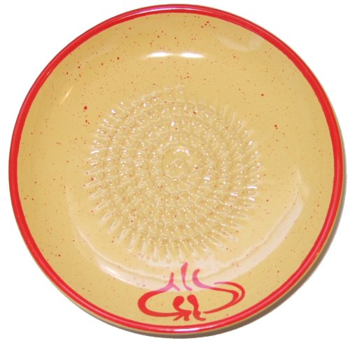 Cooks Innovations Ceramic Grater Plate 3 Piece Set - Grater, Peeler, Brush - Beautiful Garlic Design - Red & Yellow