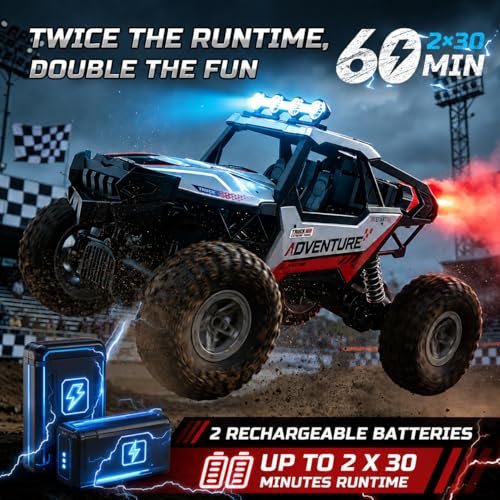 DEERC DE125 1:14 RC Rock Crawler, 4WD Remote Control Off-Road Monster Truck with Mist Spray, Metal Body Shell, LED Lights, 2.4GHz All-Terrain Car, 2 Batteries, Gifts for Kids & Adults