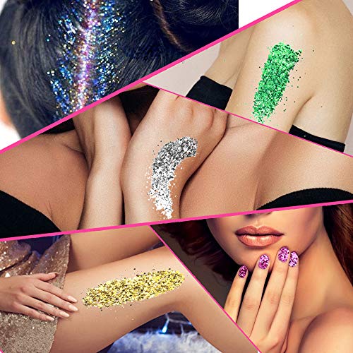60g Chunky Glitter, HNYYZL 12 Boxes 5g Holographic Iridescent Chunky Glitter Body Glitter for Face, Arm, Hair, Nail Cosmetic, or for Festival,Party Decoration(Gold, Blue, Purple, Pink, Green, Silver)