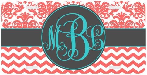 Damask Chevron Coral Personalized Monogrammed License Plate