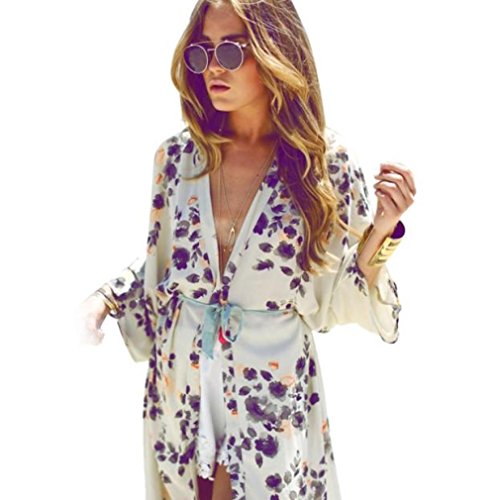 Coper Women Fashion Sexy Floral Printed Cardigan With Chiffon Kimono Coat (L)