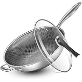 13 Inches Stainless Steel Wok, Non-Stick Double Honeycomb Stainless Steel Wok, Non-Stick Hand And Scratch-Resistant Cooking P